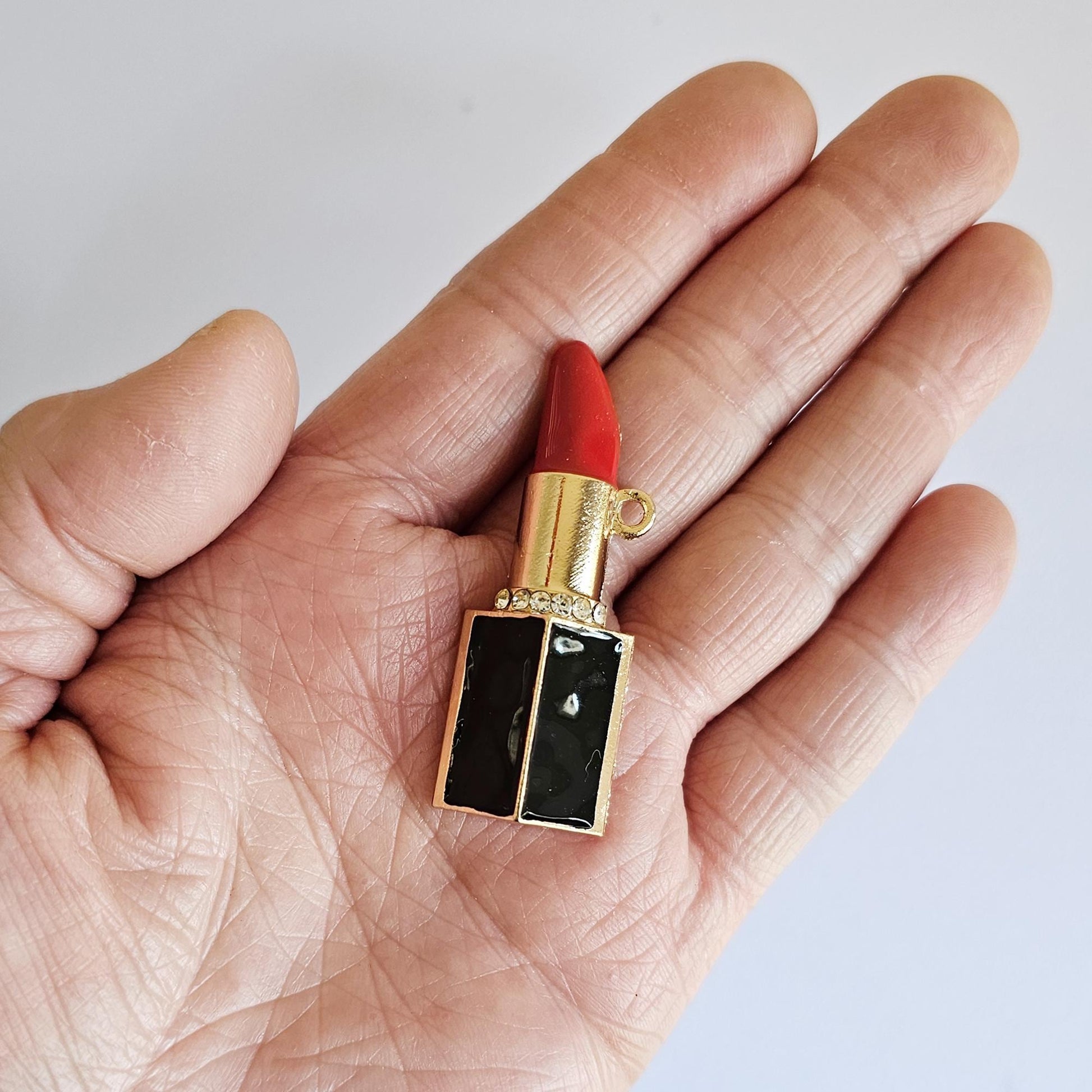 2 Pcs Rhinestone Lipstick Alloy Gold Bling Embellishment Gorgeous Luxury Sparkling Cabochon DIY 50mm X 18 mm