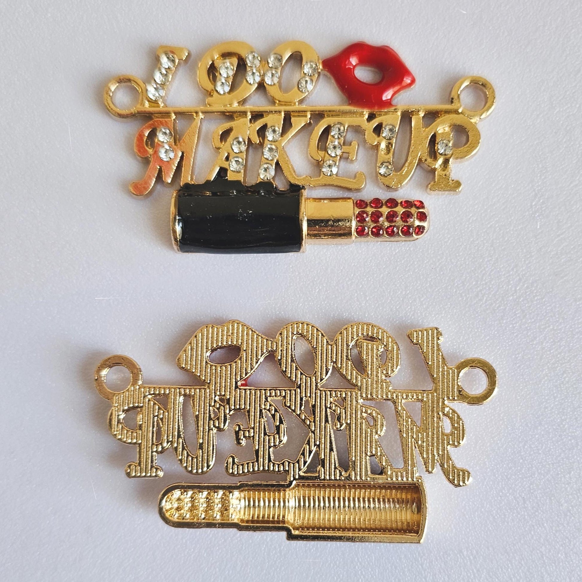 2 Pcs Rhinestone "I DO Lip MAKEUP" Lipstick Alloy Gold Bling Embellishment Gorgeous Luxury Sparkling Cabochon DIY 52mm X 25 mm