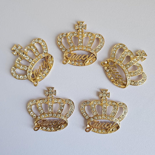 2 Pcs Rhinestone Juicy Crown Alloy Gold Bling Gorgeous Luxury Sparkling Cabochon DIY 38mm X 38mm