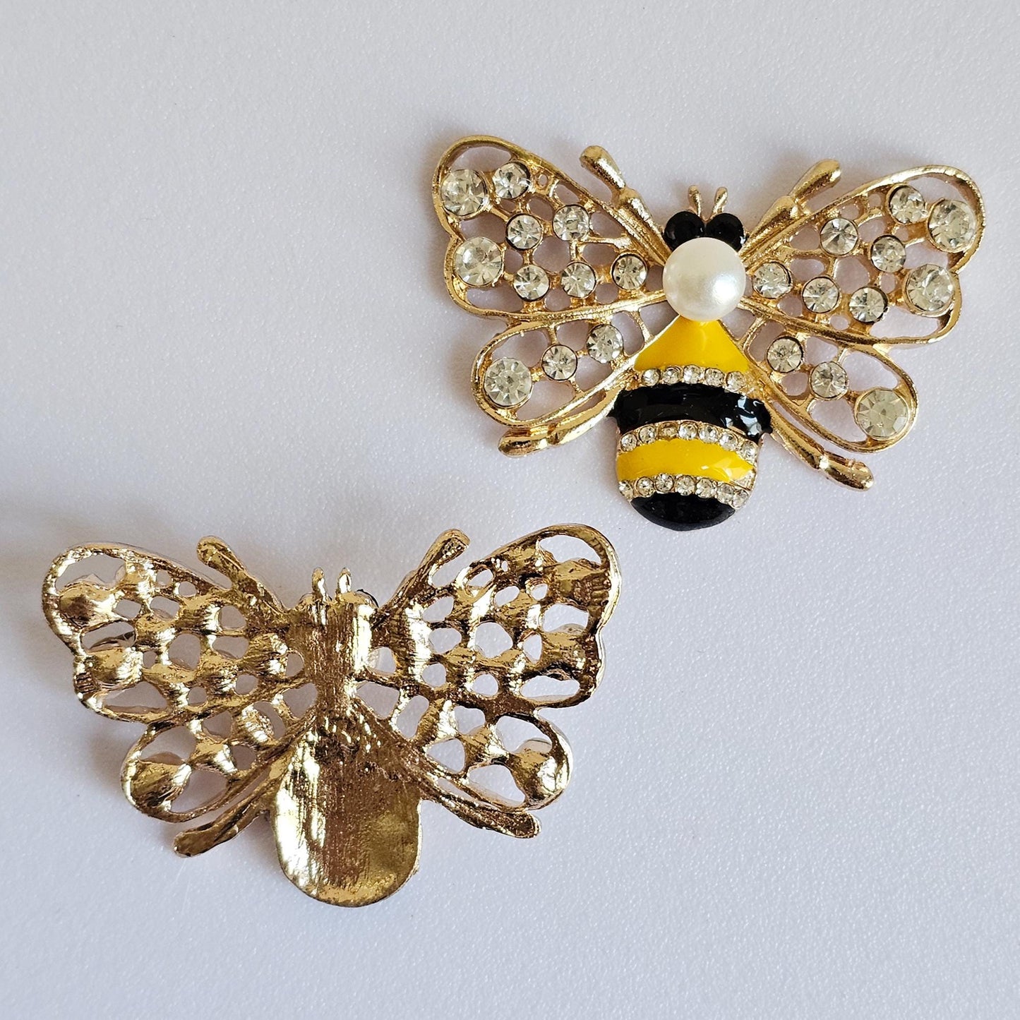 2 Pcs Rhinestone Bee Alloy Gold Bling Gorgeous Luxury Sparkling Bees Cabochon DIY 47mm X 30mm