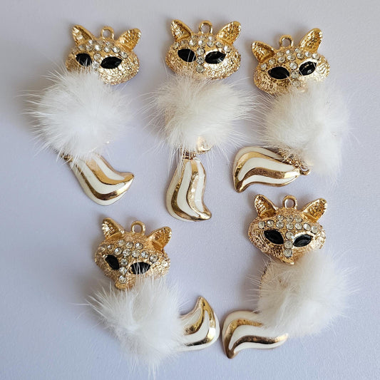 2 Pcs Rhinestone Furry Fox Alloy Gold Bling Gorgeous Luxury Sparkling Plush Fox Charm Pendant DIY 70mm X 27mm