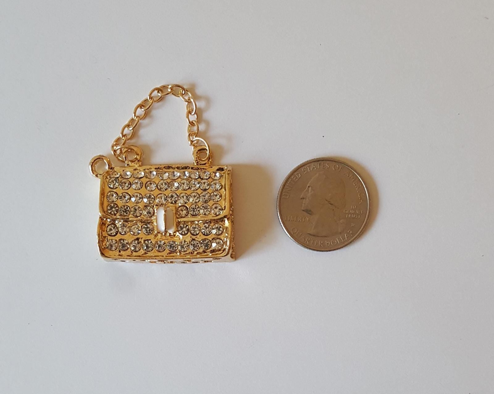 2 Pcs Rhinestone Purse Alloy Gold Bling Gorgeous Luxury Sparkling Handbag Charm DIY 32mm X 25mm