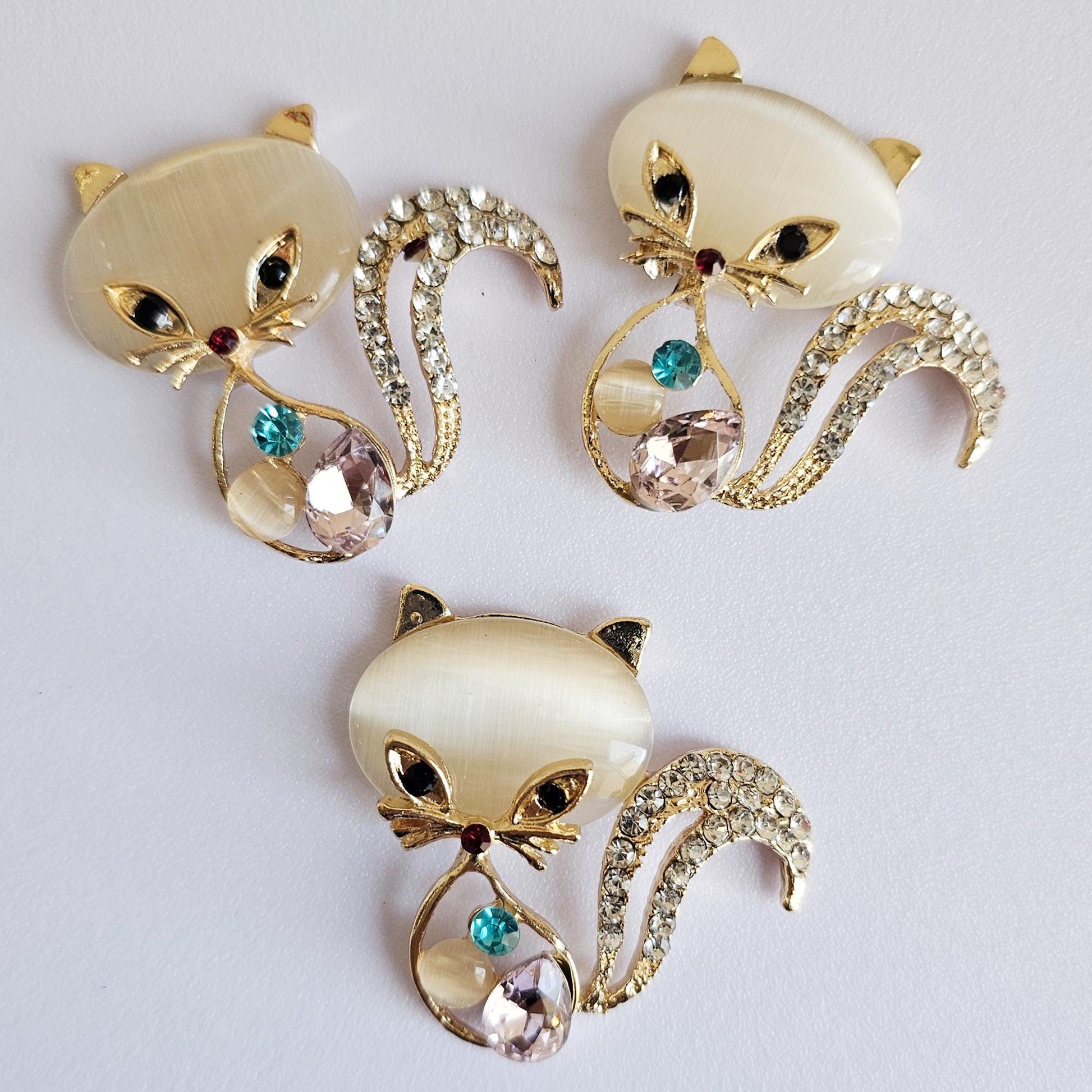 2 Pcs Rhinestone Cat Kitty Gold Alloy Bling Gorgeous Luxury Sparkling Cabochon DIY 40mm X 40 mm