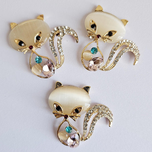 2 Pcs Rhinestone Cat Kitty Gold Alloy Bling Gorgeous Luxury Sparkling Cabochon DIY 40mm X 40 mm