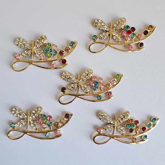 2 Pcs Rhinestone Butterfly Gold Bling Gorgeous Luxury Sparkling Embellishment DIY 50mm X 25mm