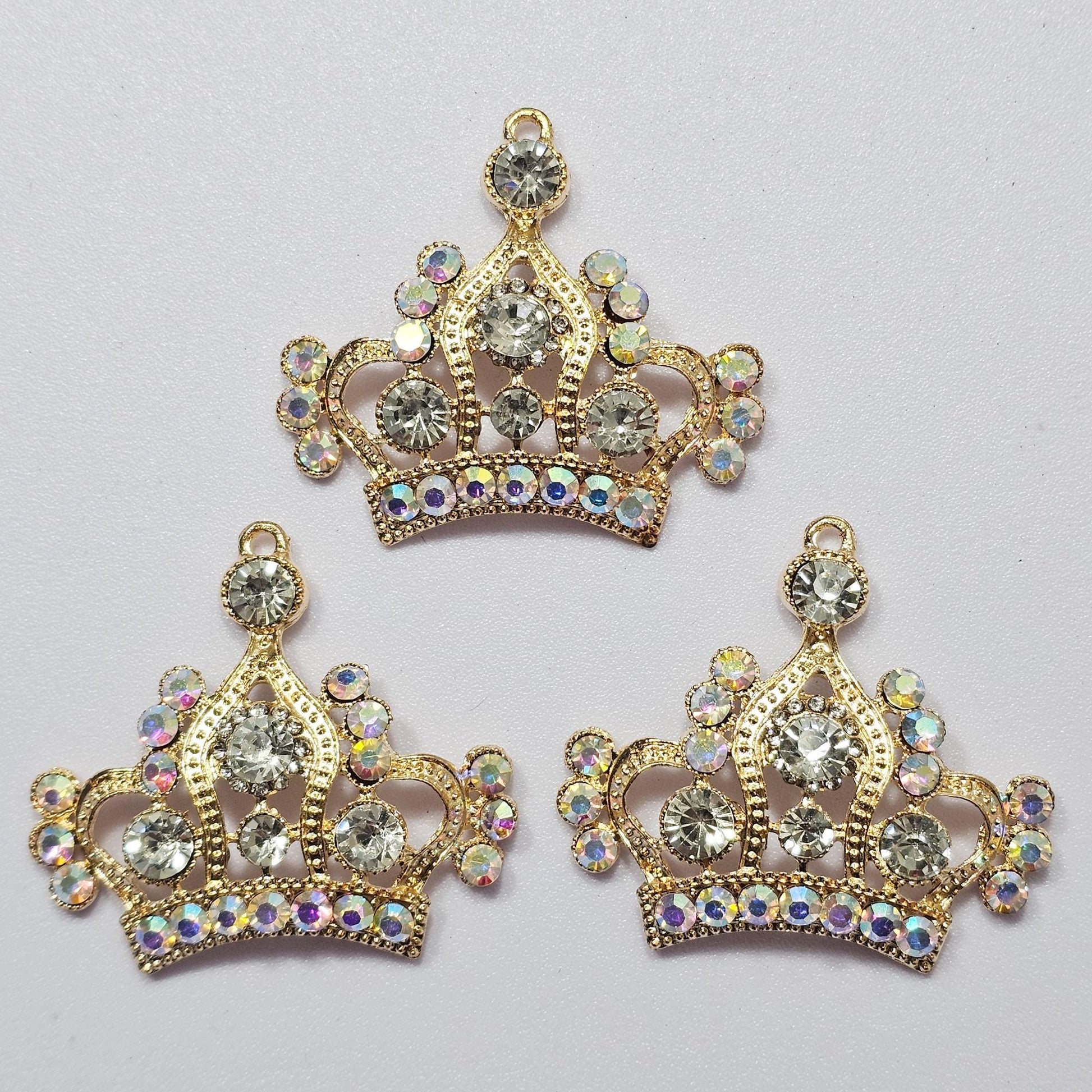 2 Pcs Rhinestone Tiara Crown Alloy Gold Bling Gorgeous Luxury Sparkling Cabochon DIY 50mm X 45 mm
