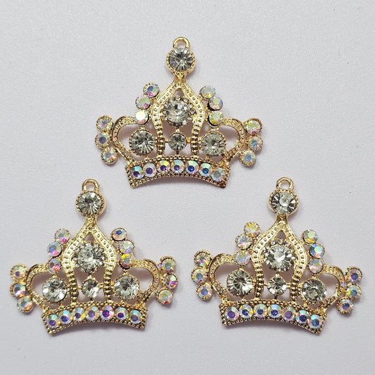 2 Pcs Rhinestone Tiara Crown Alloy Gold Bling Gorgeous Luxury Sparkling Cabochon DIY 50mm X 45 mm