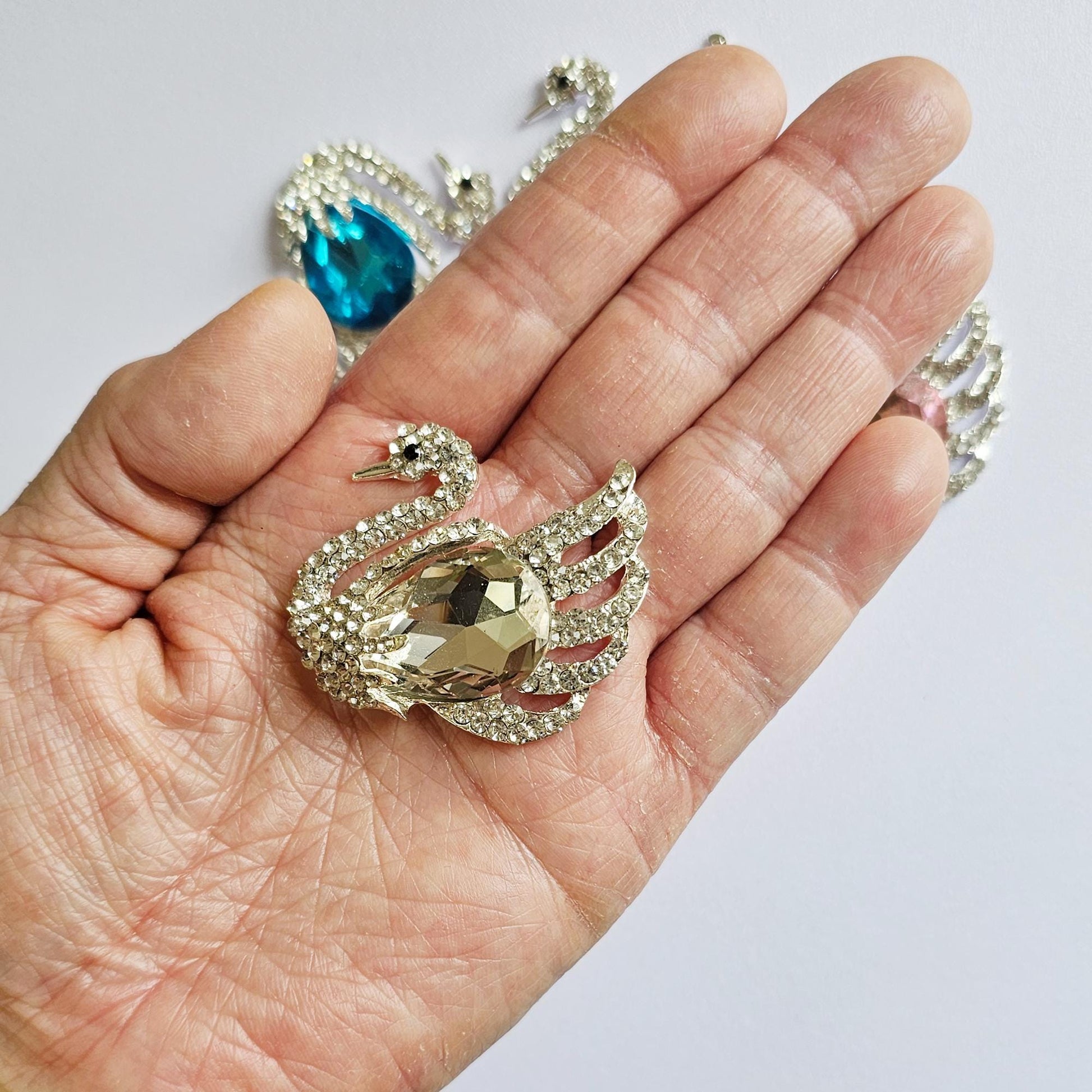 2 Pcs Rhinestone Swan Alloy Silver Bling Gorgeous Luxury Sparkling Cabochon DIY 50mm X 38mm