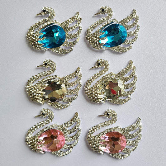 2 Pcs Rhinestone Swan Alloy Silver Bling Gorgeous Luxury Sparkling Cabochon DIY 50mm X 38mm