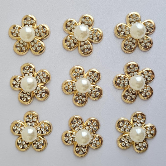 4 Pcs Rhinestone Pearl Flower Alloy Gold Bling Gorgeous Luxury Sparkling Embellishment DIY 27mm