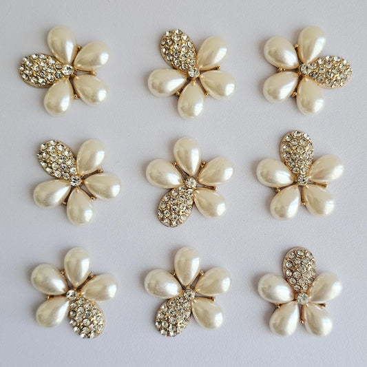 4 Pcs Rhinestone Pearl Drop Flower Alloy Gold Bling Gorgeous Luxury Sparkling Embellishment DIY 32mm
