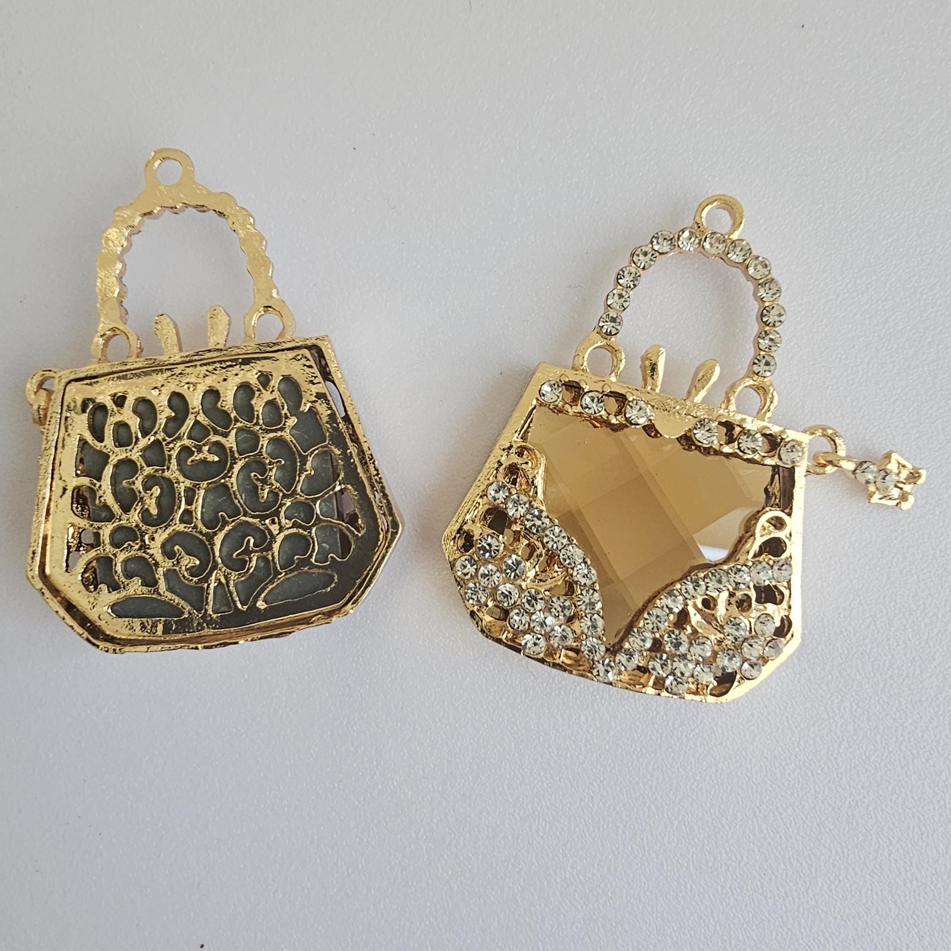 2 Pcs Rhinestone Purse Dangling Charms Alloy Gold Bling Gorgeous Luxury Sparkling Handbag Charm DIY 45mm X 35mm