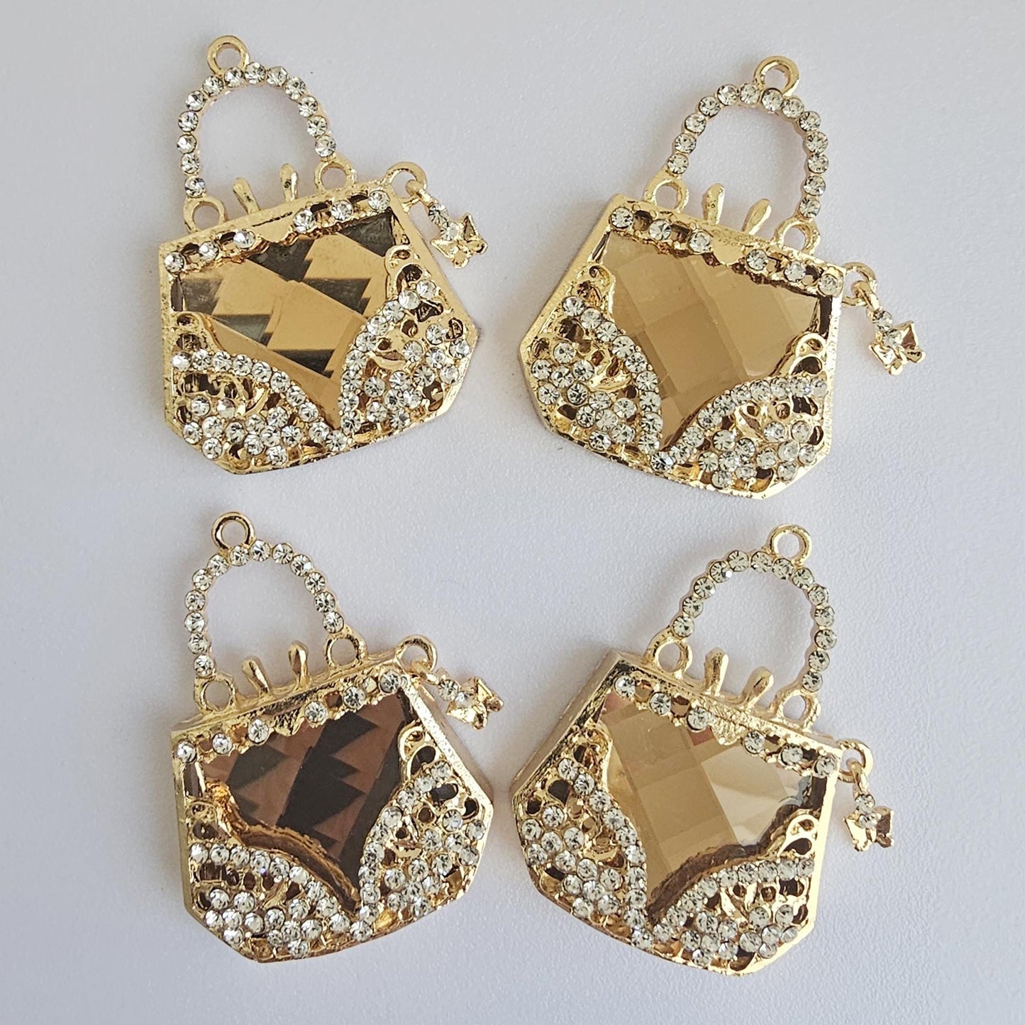 2 Pcs Rhinestone Purse Dangling Charms Alloy Gold Bling Gorgeous Luxury Sparkling Handbag Charm DIY 45mm X 35mm