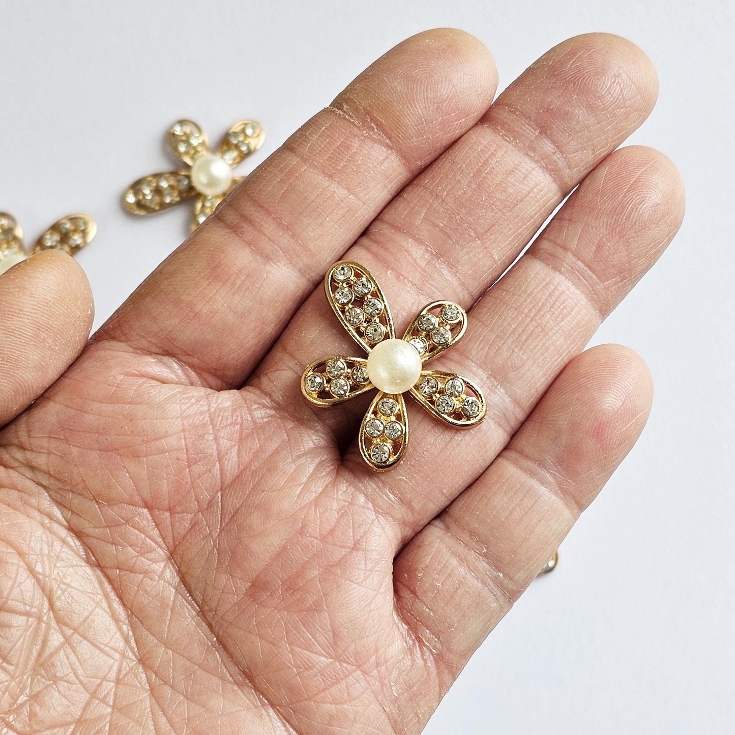 4 Pcs Rhinestone Pearl Flower Alloy Gold Bling Gorgeous Luxury Sparkling Embellishment DIY 26mm x 30mm