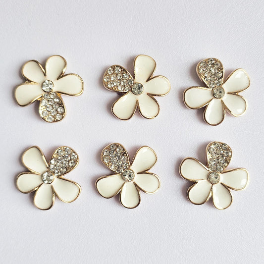 4 Pcs Rhinestone White Flower Alloy Gold Bling Gorgeous Luxury Sparkling Embellishment DIY 25mm