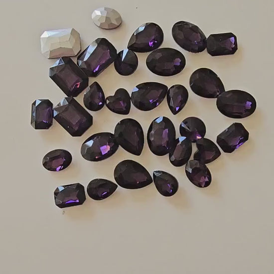 30 Pcs Amethyst Dark Purple Mixed Shapes & Sizes Glass Point Back Gems Jewels Rhinestones Hearts Teardrop Rectangle Oval  10x14mm 13x18mm