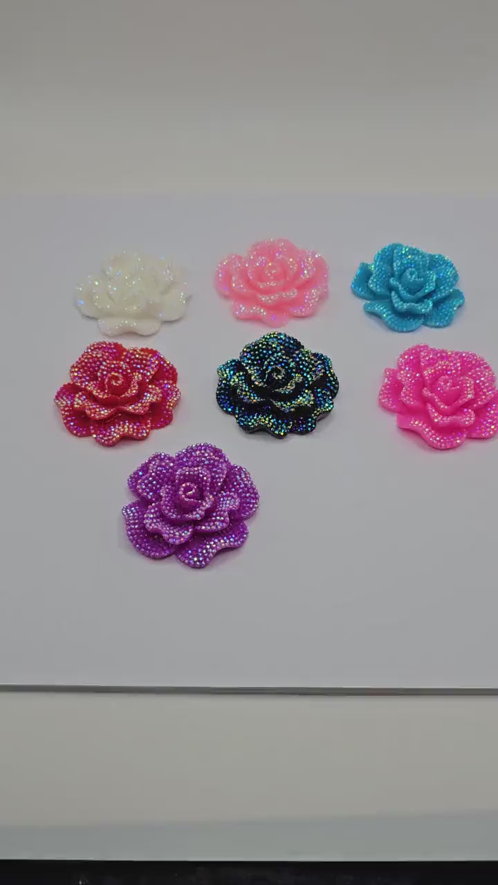 1/5/10 Pcs Large Faux Rhinestone Rose Flower Cabochon Resin Flatback Flower 40mm