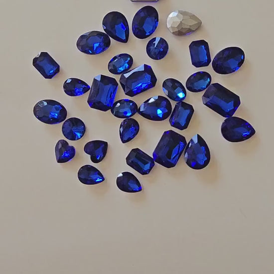 30 Pcs Sapphire Blue  Mixed Shapes and Sizes Glass Point Back Gems Jewels Rhinestones Hearts Teardrop Rectangle Oval Round 10x14mm 13x18mm