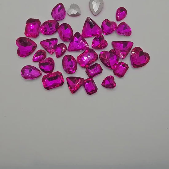 30 Pcs Hot Pink Mixed Shapes and Sizes Glass Point Back Gems Jewels Rhinestones Hearts Teardrop Rectangle Oval Round 10x14mm 13x18mm