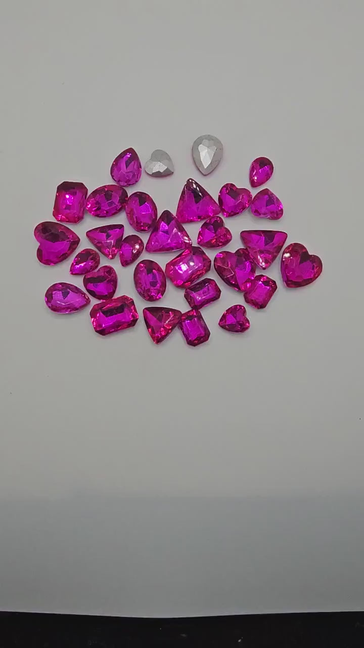 30 Pcs Hot Pink Mixed Shapes and Sizes Glass Point Back Gems Jewels Rhinestones Hearts Teardrop Rectangle Oval Round 10x14mm 13x18mm