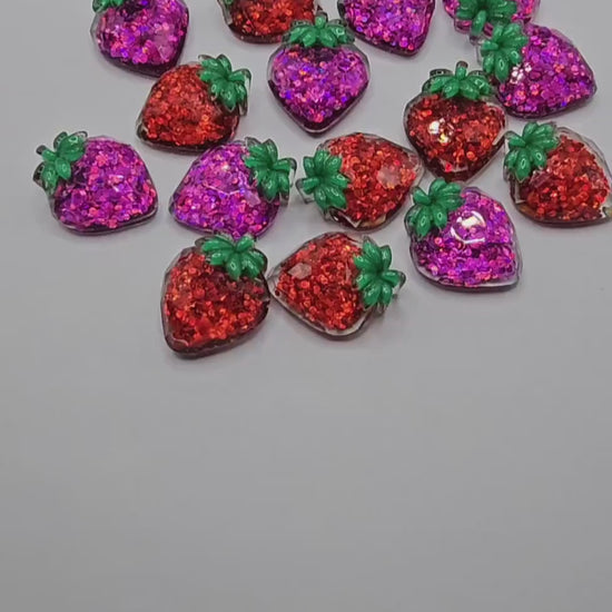 5/15 Pcs Glitter Sparkly Strawberry Resin Flat Back Cabochons, Fruits Flatback Cabochon #CAB200
