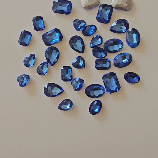 30 Pcs Blue Mixed Shapes and Sizes Glass Point Back Gems Jewels Rhinestones Hearts Teardrop Rectangle Oval Round 10x14mm 13x18mm