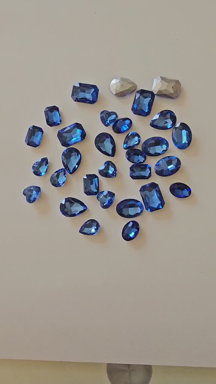 30 Pcs Blue Mixed Shapes and Sizes Glass Point Back Gems Jewels Rhinestones Hearts Teardrop Rectangle Oval Round 10x14mm 13x18mm